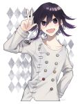  1boy :d bad_hand bangs black_hair buttons checkered checkered_scarf collarbone commentary_request cropped_torso dangan_ronpa_(series) dangan_ronpa_v3:_killing_harmony fang hair_between_eyes jacket long_sleeves looking_at_viewer male_focus open_mouth ouma_kokichi purple_hair scarf short_hair skin_fang smile solo straitjacket upper_body violet_eyes w y0e0k 