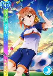  blush character_name love_live!_school_idol_festival love_live!_sunshine!! orange_hair red_eyes shirt short_hair smile sports takami_chika 