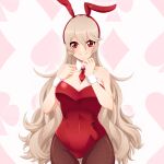  1girl absurdres animal_ears bangs black_hairband blush breasts corrin_(fire_emblem) corrin_(fire_emblem)_(female) fire_emblem fire_emblem_fates hair_ornament hairband hands_up highres leotard long_hair looking_at_viewer pantyhose platinum_blonde_hair playboy_bunny pointy_ears red_eyes red_leotard seityr simple_background smile solo 