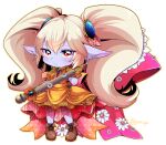  1girl blue_skin blush boots brown_eyes closed_mouth colored_skin commentary_request dress eyebrows_visible_through_hair gloves hair_between_eyes holding holding_weapon league_of_legends long_hair looking_at_viewer otani_(kota12ro08) pointy_ears poppy simple_background solo twitter_username unmoving_pattern weapon white_background yordle 