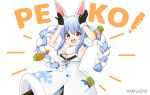  1girl :d animal_ear_fluff animal_ears armpits arms_up bangs bare_shoulders black_gloves black_leotard blue_hair blush bow braid breasts brown_legwear carrot_hair_ornament catchphrase commentary_request detached_sleeves don-chan_(usada_pekora) dress eyebrows_visible_through_hair food_themed_hair_ornament fur-trimmed_gloves fur_trim gloves hair_between_eyes hair_bow hair_ornament hololive leotard looking_at_viewer miicha multicolored_hair open_mouth pantyhose puffy_short_sleeves puffy_sleeves rabbit_ears red_eyes short_eyebrows short_sleeves sidelocks simple_background small_breasts smile strapless strapless_dress strapless_leotard thick_eyebrows twin_braids twintails twitter_username two-tone_hair upper_teeth usada_pekora virtual_youtuber white_background white_bow white_dress white_hair white_sleeves 