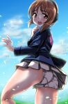  1girl absurdres anglerfish ass bangs blue_jacket blue_sky blurry blurry_background brown_eyes brown_hair clouds cloudy_sky commentary crotch_seam day emblem eyebrows_visible_through_hair from_behind frown girls_und_panzer hand_on_own_throat headphones highres jacket kentap lace-trimmed_panties lace_trim long_sleeves looking_at_viewer looking_back military military_uniform miniskirt nishizumi_miho ooarai_military_uniform open_mouth outdoors panties pantyshot petals pleated_skirt shirt short_hair skirt sky solo standing underwear uniform white_panties white_skirt wind wind_lift 