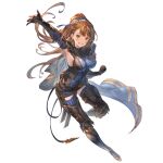  1girl arm_up armor armored_boots armpit_cutout bangs beatrix_(granblue_fantasy) belt blue_scrunchie bodysuit boots breasts brown_eyes brown_hair cape clothing_cutout full_body gauntlets gloves granblue_fantasy head_tilt high_heels leg_up long_hair looking_at_viewer official_art ponytail scrunchie shiny shiny_hair skin_tight smile solo teeth thigh-highs transparent_background turtleneck 