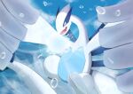  aki_sakura bubble clouds commentary day fang gen_2_pokemon legendary_pokemon lugia no_humans open_mouth outdoors pokemon pokemon_(creature) sky solo 