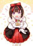  1girl :d bangs bare_shoulders black_hair blush bow commentary_request dress eyebrows_behind_hair food food_in_mouth fork fruit girls_frontline hair_bow highres holding holding_fork holding_plate looking_at_viewer m99_(girls_frontline) open_mouth pantyhose plate pleated_dress red_bow red_dress sansei_rain smile solo standing strapless strapless_dress strawberry violet_eyes white_legwear 
