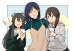  3girls ^_^ ^o^ annin_musou apron black_hair blue_hair blush closed_eyes collarbone cup drinking_glass eyebrows_visible_through_hair green_shirt grey_eyes grey_hoodie hair_between_eyes hayasui_(kantai_collection) headgear holding holding_cup hood hoodie i-47_(kantai_collection) kantai_collection long_hair long_sleeves low-tied_long_hair multiple_girls open_mouth shirt short_hair smile souryuu_(kantai_collection) 