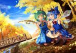  +_+ 2girls :o acorn animal arm_up ascot autumn_leaves bangs black_footwear blue_bow blue_dress blue_hair blue_skirt blue_sky blue_vest blush bobby_socks bow bowtie bridge chipmunk cirno clouds collared_shirt commentary commission daiyousei dappled_sunlight day dress english_commentary eyebrows_visible_through_hair fairy_wings frilled_shirt_collar frills grass green_hair hair_bow hand_on_own_knee hands_up head_wreath ice ice_wings kapuchii kneeling leaf lens_flare long_dress looking_at_another mary_janes multiple_girls mushroom nature open_hands open_mouth outdoors outstretched_hand pinafore_dress pinecone puffy_short_sleeves puffy_sleeves railing red_bow rock scenery shirt shoes short_hair short_sleeves side_ponytail skirt skirt_set sky smile socks sparkle sparkling_eyes squatting squirrel stream sunlight swept_bangs tareme touhou transparent_wings tree tree_shade under_tree undershirt vest water white_legwear white_shirt wing_collar wings wreath yellow_bow 