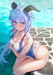  1girl bangs bare_shoulders blue_hair blue_swimsuit blush breasts collarbone competition_swimsuit ganyu_(genshin_impact) genshin_impact goat_horns highleg highleg_swimsuit highres horns large_breasts long_hair looking_at_viewer one-piece_swimsuit solar_(happymonk) swimsuit thighs violet_eyes 