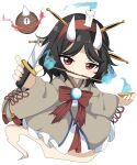  1other androgynous black_hair candle chibi fire flame ghost ghost_tail hairband highres horns japanese_clothes kimono knife lamp len&#039;en mouth_hold ougi_hina red_eyes short_hair solo taira_no_chouki 