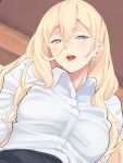  1girl alternate_costume blonde_hair blue_eyes dress_shirt hair_between_eyes highres indoors kantai_collection long_hair looking_at_viewer mole mole_under_eye mole_under_mouth open_mouth parted_lips richelieu_(kantai_collection) shingyou_(alexander-13) shirt solo upper_body white_shirt 