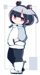  1girl anahoriya bangs black_hair black_jacket boots border chibi eyebrows_visible_through_hair grey_jacket hair_behind_ear hands_in_pocket highres jacket jitomi_monoe looking_at_viewer magnet red_eyes short_hair solo virtual_youtuber voms white_footwear 