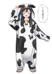  1girl :d ^_^ animal_costume animal_ears arm_up bangs bell black_hair blush closed_eyes commentary_request cow_costume cow_ears cow_hood cow_horns deadnooodles facing_viewer fake_animal_ears fake_horns full_body highres hood hood_up horns long_hair long_sleeves love_live! love_live!_nijigasaki_high_school_idol_club open_mouth puffy_long_sleeves puffy_sleeves simple_background sleeves_past_wrists smile solo standing translation_request upper_teeth white_background yuuki_setsuna_(love_live!) 