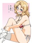  1girl american_flag_bikini bikini blonde_hair blue_eyes blush breasts commentary_request flag_print from_side girls_und_panzer grin hair_intakes half-closed_eye kay_(girls_und_panzer) large_breasts long_hair looking_at_viewer oosaka_kanagawa pink_background side-tie_bikini sitting skindentation smile solo sweat swimsuit thigh-highs thighhighs_pull translated white_legwear 