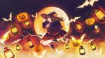  1girl bat black_footwear black_headwear black_skirt bow broom broom_riding craft-cs halloween hand_up hat hat_bow jack-o&#039;-lantern lantern looking_at_viewer moon original pleated_skirt pumpkin red_bow shoes skirt sky smile solo star_(sky) starry_sky wide_sleeves witch witch_hat 