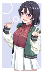  1girl :d bangs black_hair blush breasts commentary_request double_v eyebrows_visible_through_hair hair_between_eyes highres igarashi_kyouhei jacket long_sleeves looking_at_viewer love_live! love_live!_sunshine!! love_live!_sunshine!!_the_school_idol_movie_over_the_rainbow medium_breasts open_mouth plaid plaid_shirt pleated_skirt shirt shirt_tucked_in short_hair skirt sleeve_cuffs sleeves_past_wrists smile track_jacket v violet_eyes watanabe_tsuki white_skirt 