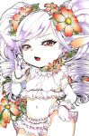  1girl breasts commentary_request contrapposto cowboy_shot eyebrows_visible_through_hair fang fewer_digits flower gloves hair_flower hair_ornament highres league_of_legends long_hair navel open_mouth otani_(kota12ro08) plump pointy_ears poppy red_eyes red_flower simple_background skin_fang small_breasts solo standing traditional_media twintails white_background white_gloves white_hair yordle 