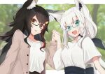  2girls absurdres ahoge animal_ear_fluff animal_ears bangs beige_jacket black_hair blurry blurry_background borumete bow braid breasts commentary_request earrings eyebrows_visible_through_hair fox_ears fox_girl glasses green_eyes hair_between_eyes hair_bow hair_ornament hairclip highres holding_hands hololive jacket jewelry long_hair looking_at_viewer multicolored_hair multiple_girls ookami_mio open_clothes open_jacket open_mouth redhead shirakami_fubuki shirt short_sleeves sidelocks single_braid small_breasts tongue tongue_out two-tone_hair virtual_youtuber white_hair white_shirt wolf_ears wolf_girl yellow_eyes 