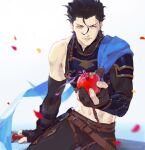  1boy apple armor bang belt blue_scarf diarmuid_ua_duibhne_(fate/grand_order) elle_shengxuan_shi fate/grand_order fate_(series) finger_gun food fruit gloves highres holding holding_food male_focus midriff one_eye_closed petals scarf shoulder_pads single_bare_shoulder smile solo_focus yellow_eyes 