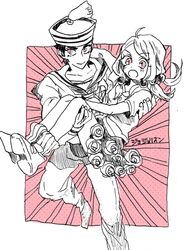  1boy 1girl carrying dixie_cup_hat hat higashikata_josuke_(jojolion) hirose_yasuho jojo_no_kimyou_na_bouken jojolion long_hair military_hat open_mouth pentacle pink_eyes princess_carry sahau228 sketch spot_color 