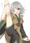  1other androgynous bow brown_coat coat grey_eyes highres houlen_yabusame leg_up len&#039;en one_eye_closed open_mouth ougi_hina short_hair short_hair_with_long_locks shorts silver_hair smile solo split standing standing_on_one_leg standing_split 