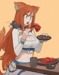  1girl animal_ears brown_hair cat_cutout chopsticks cleavage_cutout clothing_cutout crop_top food green_eyes highres holding holding_chopsticks holding_food holding_plate jun_(seojh1029) long_hair long_sleeves mouse open_mouth orange_background original plate pleated_skirt skirt solo tail very_long_hair white_skirt 