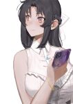  1girl atelier_live bangs black_hair blush bow breasts cellphone collared_shirt ex-trident eyebrows_visible_through_hair hair_behind_ear hair_bow highres himey_(vtuber) holding holding_phone jewelry looking_to_the_side looking_up medium_breasts necklace parted_bangs phone pink_eyes shirt sleeveless sleeveless_shirt smartphone solo virtual_youtuber white_background white_bow 