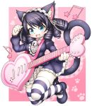  1girl animal_ears animal_eyes aqua_eyes black_hair blush body_fur bow breasts cat cat_ears cat_girl cat_tail claws commentary_request cyan_(show_by_rock!!) eyebrows_visible_through_hair fang fewer_digits full_body furrification furry guitar hair_between_eyes heart instrument long_sleeves looking_at_viewer maid_headdress medium_breasts musical_note partial_commentary paw_print pink_background pink_bow show_by_rock!! solo striped striped_legwear tail tsuji white_fur 