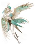 1girl bird_legs blue_eyes blue_feathers blue_headwear blue_wings feathers harp harpy hat hat_feather highres holding holding_instrument instrument kupikuuu monster_girl original parted_lips pom_pom_(clothes) simple_background two-tone_wings white_background white_wings wings 