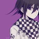  1boy bangs black_hair checkered checkered_neckwear checkered_scarf commentary_request dangan_ronpa_(series) dangan_ronpa_v3:_killing_harmony hair_between_eyes jacket looking_at_viewer male_focus multicolored_hair ouma_kokichi purple_background purple_hair scarf short_hair simple_background solo straitjacket two-tone_hair upper_body violet_eyes y0e0k 