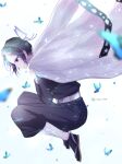  1girl absurdres belt black_hair blue_butterfly blurry blurry_background bug butterfly butterfly_hair_ornament c_lover128 closed_mouth gradient_hair hair_ornament haori highres insect japanese_clothes kimetsu_no_yaiba kochou_shinobu long_sleeves looking_down multicolored_hair purple_hair short_hair simple_background solo violet_eyes white_background 
