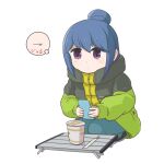  1girl cellphone chopsticks commentary denden eyebrows_visible_through_hair eyes_visible_through_hair hair_bun holding instant_ramen jacket phone shima_rin smartphone solo squatting table translated violet_eyes white_background winter_clothes yurucamp 