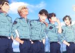 5boys :d ^_^ amuro_tooru arm_around_shoulder arm_up bangs belt black_hair blonde_hair blue_pants blue_shirt blue_sky brown_hair cigarette closed_eyes clouds collared_shirt commentary_request date_wataru day dirty dirty_clothes dirty_face facing_another from_side grin hagiwara_kenji hair_between_eyes hand_in_pocket hand_up hands_in_pockets happy holding holding_cigarette k_gear_labo laughing male_focus matsuda_jinpei meitantei_conan mouth_hold multiple_boys open_mouth pants police police_uniform policeman scotch_(meitantei_conan) scratches shirt short_hair sky sleeves_rolled_up smile smoking stalk_in_mouth standing teeth uniform upper_teeth 