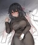  1girl alternate_costume alternate_hairstyle artist_name black_dress black_hair breasts commentary_request dated dress hair_down hair_flaps hair_ornament hairclip jingei_(kantai_collection) kantai_collection kirisawa_juuzou large_breasts long_hair looking_at_viewer lying pillow red_eyes solo 