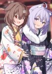  2girls :d ;d ahoge animal_ears arm_hug blush bone_hair_ornament braid cat_ears cat_girl commentary_request cowboy_shot dog_ears dog_girl fang floral_print fur_collar hair_ornament highres hololive inugami_korone japanese_clothes kimono long_hair long_sleeves looking_at_another looking_at_viewer looking_to_the_side multiple_girls nekomata_okayu obi one_eye_closed open_mouth outdoors print_kimono purple_hair red_eyes sash short_hair skin_fang smile striped striped_kimono taitan twin_braids violet_eyes white_kimono wide_sleeves yukata 
