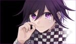 1boy bangs black_background checkered checkered_scarf closed_mouth commentary_request crying crying_with_eyes_open dangan_ronpa_(series) dangan_ronpa_v3:_killing_harmony face hand_up long_sleeves looking_at_viewer male_focus ouma_kokichi purple_hair scarf short_hair smile solo straitjacket tears upper_body violet_eyes white_background y0e0k 