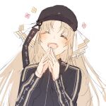  1girl bangs baseball_cap black_headwear black_jacket covering_mouth cross flower hair_over_eyes hands_up hat highres hinata_(hinata-ur) jacket latin_cross light_brown_hair long_hair long_sleeves nail_polish nijisanji ribbon rosary sister_cleaire smile solo tongue upper_body virtual_youtuber white_background white_ribbon yellow_eyes zipper zipper_pull_tab 