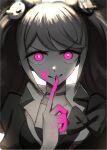  1girl bangs bear_hair_ornament blood blood_on_face bloody_hands bow bra choker collarbone collared_shirt commentary dangan_ronpa:_trigger_happy_havoc dangan_ronpa_(series) enoshima_junko finger_to_mouth grin hair_ornament highres index_finger_raised long_hair looking_at_viewer nail_polish pink_blood pink_eyes qosic shirt shushing smile solo spot_color twintails underwear 