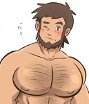  1boy beard blush brown_eyes brown_hair chest_hair closed_mouth collarbone commentary_request facial_hair frown grey_background large_pectorals looking_at_viewer male_focus meyer_(pokemon) muscular muscular_male nude one_eye_closed pectorals pokemon pokemon_(anime) pokemon_xy_(anime) shigure_(ojshigu) short_hair simple_background solo upper_body 