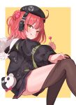  1girl 7eddy :p beret black_legwear candy commission food girls_frontline gun hat lollipop mp7_(girls_frontline) pantyhose pantyhose_pull pixiv_request ponytail redhead solo tongue tongue_out weapon yellow_eyes 