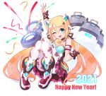  1girl :d absurdres animal_print aqua_eyes bare_shoulders bell blonde_hair breasts cawang chinese_zodiac cow_girl cow_print cowbell english_text full_body happy_new_year highres long_hair looking_at_viewer milk_churn new_year one_eye_closed open_mouth original pantyhose shoes simple_background sitting smile twintails very_long_hair waving white_background year_of_the_ox 