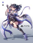  1girl absurdres bangs bare_shoulders black_hair eyebrows_visible_through_hair full_body gun hair_ornament hairclip highres long_sleeves open_mouth original playstation_5 pongu puffy_long_sleeves puffy_sleeves shadow shoes sneakers teeth violet_eyes weapon white_background x_hair_ornament 