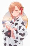  1girl :o animal_print bangs blush braid brown_eyes brown_hair chinese_zodiac cow_print cup eyebrows_visible_through_hair hair_ornament hands_up highres himaneko. holding holding_cup japanese_clothes kimono long_sleeves looking_at_viewer misaka_mikoto obi parted_lips print_kimono sash solo to_aru_kagaku_no_railgun to_aru_majutsu_no_index white_background white_kimono wide_sleeves year_of_the_ox 