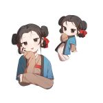  1girl black_hair brown_eyes chibi chinese_clothes cropped_torso duijin_ruqun earrings hair_ribbon hanfu highres jewelry long_sleeves looking_at_viewer multiple_views open_mouth red_ribbon ribbon shuangyaji smile upper_body white_background 