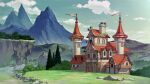  banner building bush cliff clouds commentary fantasy grass highres mituura moss mountain no_humans original rock scenery sky stairs tower tree water window 