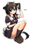  1girl 2021 ahoge animal_ears black_gloves black_hair black_legwear black_serafuku black_skirt blue_eyes braid brown_footwear commentary_request cow_ears cow_horns cow_tail fake_animal_ears fake_horns fingerless_gloves full_body gloves gouta_(nagishiro6624) hair_flaps hair_ornament hair_over_shoulder highres horns jewelry kantai_collection kneehighs loafers long_hair pleated_skirt remodel_(kantai_collection) ring sailor_collar school_uniform serafuku shigure_(kantai_collection) shoes simple_background single_braid sitting skirt solo tail wedding_band white_background white_sailor_collar 