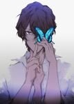  1boy absurdres arjuna_(fate/grand_order) bangs black_hair bug butterfly collared_shirt fate/grand_order fate_(series) finger_to_mouth grey_eyes hair_over_eyes highres insect male_focus open_clothes open_shirt shirt solo tan upper_body white_background yukimushi_(fuyumushi_la) 