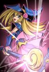  1girl :o artist_name bangs bare_shoulders blonde_hair blue_footwear blush_stickers boots commentary dark_magician_girl duel_monster glowing green_eyes hair_between_eyes hat holding holding_staff long_hair looking_back open_mouth solo soya_(sys_ygo) staff tongue watermark wizard_hat yu-gi-oh! 