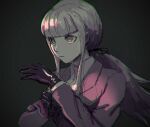  1girl bangs black_gloves blunt_bangs closed_mouth commentary dangan_ronpa_(series) dangan_ronpa_3_(anime) eyebrows_visible_through_hair gloves gradient gradient_background grey_background hair_ribbon jacket kirigiri_kyouko long_hair long_sleeves low_ponytail official_alternate_costume ponytail purple_jacket qosic ribbon shirt sketch solo upper_body 