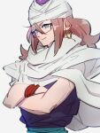  1girl android_21 blue_eyes cape closed_mouth cosplay crossed_arms dragon_ball dragon_ball_fighterz earrings glasses grey_background hoop_earrings jewelry kemachiku long_hair looking_at_viewer piccolo piccolo_(cosplay) redhead simple_background smile solo turban white_cape 