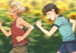  2boys :d ^_^ amuro_tooru bandaid bandaid_on_cheek bandaid_on_nose bangs blonde_hair blue_shirt blue_shorts blurry blurry_background blush brown_hair brown_shorts child closed_eyes commentary_request flower from_side happy k_gear_labo male_focus meitantei_conan motion_blur multiple_boys open_mouth outdoors red_shirt running scotch_(meitantei_conan) shirt short_hair short_sleeves shorts sleeveless sleeveless_shirt smile sweater upper_teeth yellow_flower younger 
